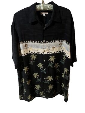 Pierre Cardin Black Short-Sleeve Hawaiian Palm Print Shirt with Beige Band